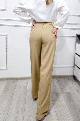 Pantaloni casual Kimchi, croiala larga si banda contrast, doua nuante, Bej, Marime S/M verso