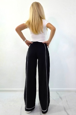 Pantaloni casual MODAL, croiala wide leg cu pensa si dungi, Negru