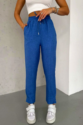 Pantaloni cu in Darys, croiala casual si detaliu plisat la baza piciorului, Albastru 3