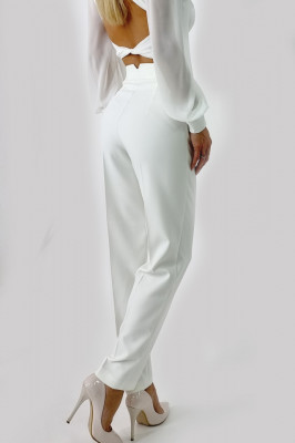 Pantaloni eleganti, ChicMe, cu talie inalta, Alb2