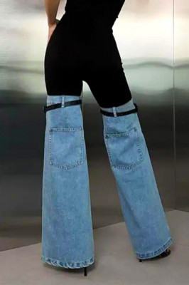 Pantaloni evazati Hybrid Style, din denim si curele decorative aplicate pe pulpa piciorului 1