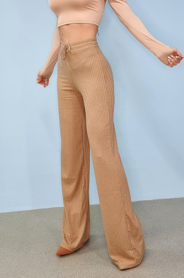 Pantaloni largi Amina, cu snur in talie, Bej-lateral