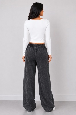Pantaloni lungi catifelati Valentinea, cu imprimeu si banda elastica, Negru detaliu spate