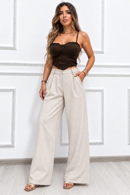 Pantaloni office damă CELISA bej cu pense și croială wide leg