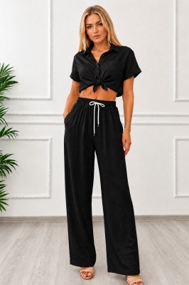 Pantaloni lungi, texturati Marietta, cu snur in talie, NEGRU