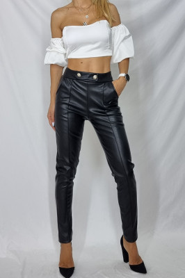 Pantaloni Madi din piele ecologica cu dunga, Negru-fata 1