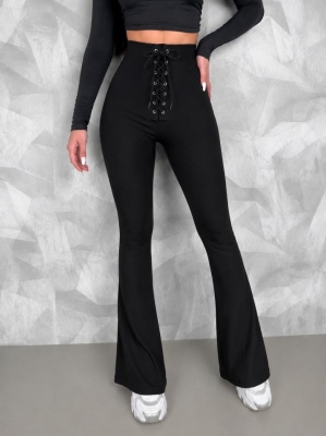 Pantaloni subtiri, evazati Raul, cu stretch, inchidere tip corset, Negru