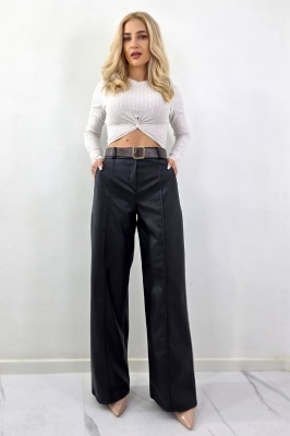 Pantaloni vatuiti Leonis, din piele ecologica, cu buzunare si curea asortata, Negru, Marime S/M