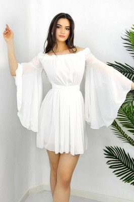 Rochie scurta Azale, in clos, cu maneci evazate oversize si rejansa elastica cazuta pe umeri, Masura S/M1