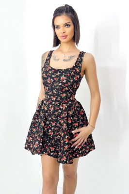 Rochie babydoll MARA, cu funda la spate si imprimeu floral, Negru, Marime S/M/L 5