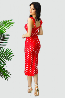 Rochie bodycon Ditsy, slit adanc si imprimeu cu buline, Rosu, spate