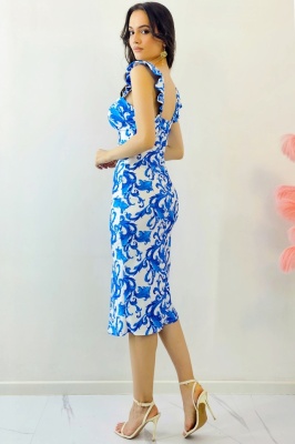 Rochie bodycon Ditsy, sliț adanc si imprimeu royal, Albastru, Marime S/M lateral