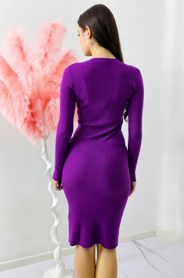 Rochie bodycon Livea, din tricot rib cu lungime medie, Mov electric spate