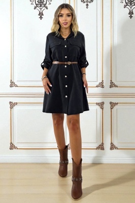 Rochie casual, scurta Kayla, cu revere si curea, Negru, Marime S/M