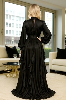 Rochie neagra lunga de ocazie Marivelle, cu volane si trena medie Marime universala