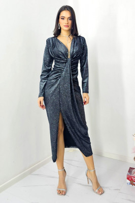 Rochie de ocazie Odette, cu crapatura medie si decolteu adanc, Gri, Marime M/L 3