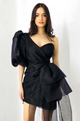 Rochie de seara Dayana, cu maneca bufanta si detaliu din organza, Negru 1