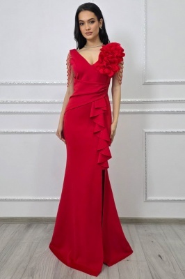 rochie de ocazie rosie cu floare decorativa si bretele accesorizate