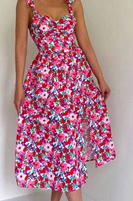 Rochie de vara Masha, cu bumbac bistrech si imprimeu floral, Red Petunia, Marime S/M 4