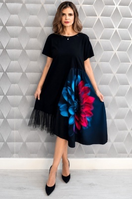 Rochie de zi Arty Fiora, cu tull si maneca scurta, Aura Gemina, Marime S/M/L