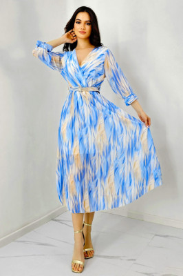 Rochie de zi Fatima, croiala plisata si imprimeu pastelat, Albastru, Marime S/M 1
