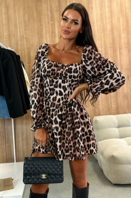 Rochie de zi Feline, cu animal print si maneca lunga bufanta, Leopard 