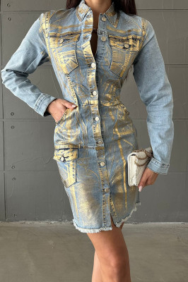 Rochie de zi Nobles, din denim, cu nasturi si imprimeu metalic auriu