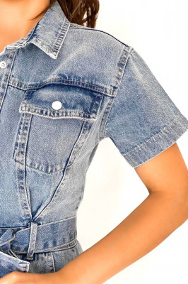 Rochie denim Agnes, cu maneca scurta si cordon asortat, Albastru3