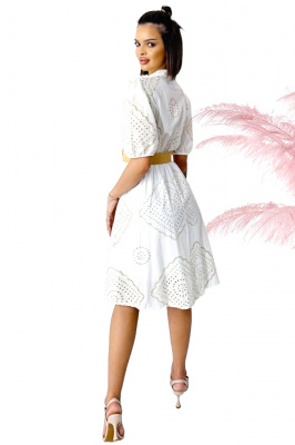 Rochie din bumbac Moana, cu guler tunica si curea asortata, Alb, Marime S/M/L spate