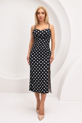 Rochie eleganta cu buline, NOELLA, snur lateral si cupe buretate, NEGRU, Marime S/M