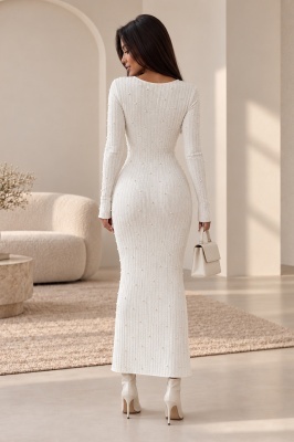 Rochie eleganta din tricot ASTRID, cu perle si croiala bodycon, Alb, detaliu spate