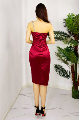 Rochie eleganta Kaby, cu bretele subtiri pe o parte si croi drapat, Rosu, Masura S/M4