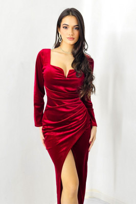 Rochie eleganta Velvet, din catifea si croiala lunga, petrecuta, Rosu bordo, Marime S/M 1