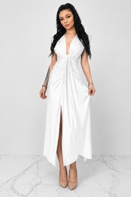 Rochie lunga cu cristale JHOSY si decolteu adanc, ALB, Marime S/M