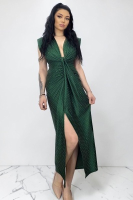 Rochie lunga cu cristale JHOSY si decolteu adanc, Verde Smarald, Marime S/M
