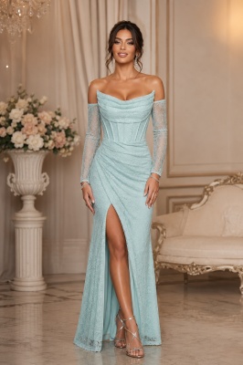 Rochie lunga off-shoulder pentru ocazii speciale, cu talie corsetata si dantela