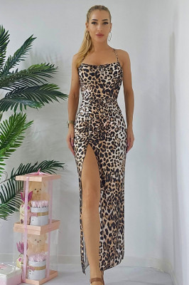Rochie lunga Isabela cu spatele gol si snururi decorative, Leopard, Marime S/M 4