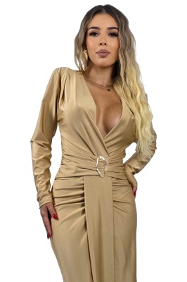 Rochie lunga Nefertiti, cu fronseuri asimetrice si detalii metalice, Auriu, Marime S/M