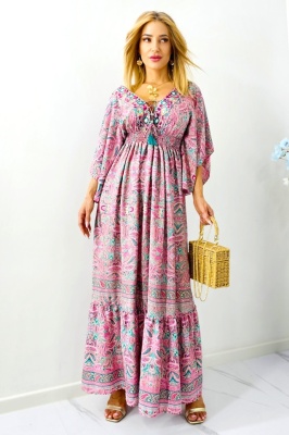 Rochie lunga Ylinca, cu mătase artizanală si rejansa elastica in talie, Roz, Marime S/M/L 3