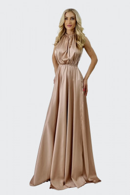 Rochie lunga Zenaida, cu guler pe gat si spatele gol, Crem1