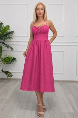 Rochie de vară ARIELLA cu bust drapat și talie evidențiată, fucsia