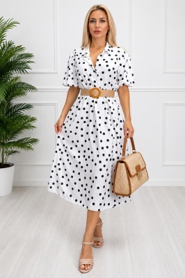 Rochie midi casual RAMONEA cu buline negre și închidere cu nasturi