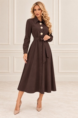 Rochie midi tip camasa OREVIA, cu cordon in talie si nasturi decorativi aurii, Maro, Marime One size S/M