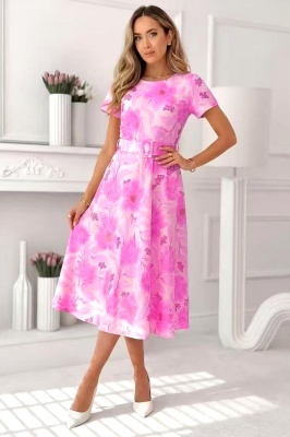 Rochie Nayla de zi, cu falduri si imprimeu floral, Fucsia, Marime S/M