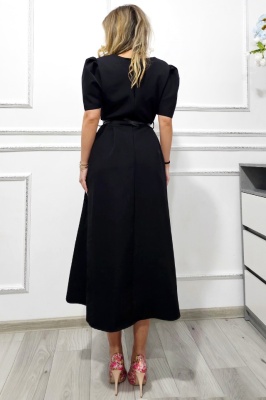 Rochie office SOREYA, cu maneca scurta si croi bufant, Negru Uni, Marimea universala verso