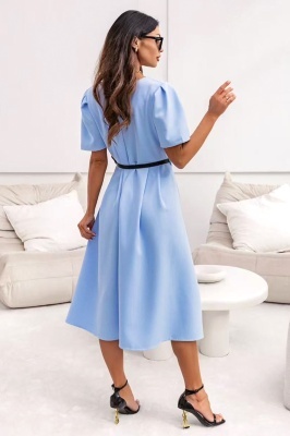 Rochie office ZALIA, croi bufant si curea subtire, Baby Blue, Marimea S/M detaliu spate