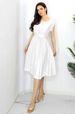 Rochie plisata midi, Elenor, cu volanase si curea asortata, Alb, Marime universala S/M2