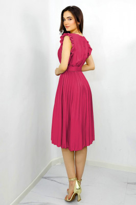Rochie plisata midi, Elenor, cu volanase si curea asortata, Fucsia, Marime universala S/M3