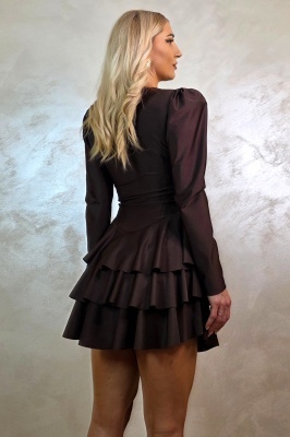 Rochie satinata Claire, cu volane si maneci lungi, Maro Ciocolata, Marime universala S/M spate