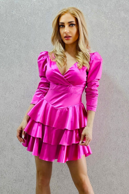 Rochie satinata Claire, cu volane si maneci lungi usor bufante, Fucsia, Marime universala S/M2